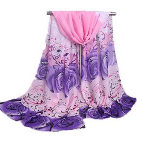 Purple & Pink Rose Leaf Swirl Chiffon Wrap Scarf Shawl